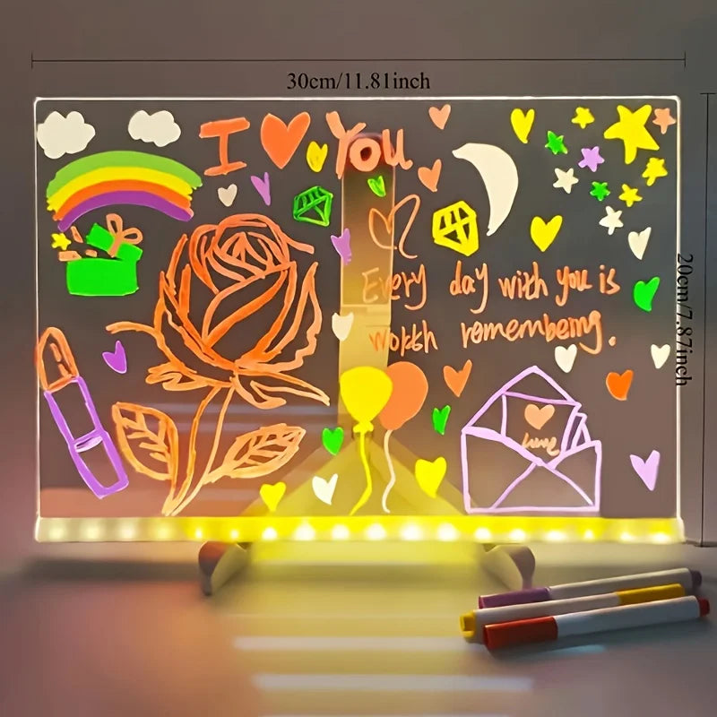 1Pc Led Light up Drawing Board, Erasable Acrylic Message Board with 7-Color Pen&Night Light&Base Stand&Wipe Cloth,Usb Powered for Creative Activities, Reusable Doodle Board with Stand,Safe Non-Toxic Material,Acrylic Message B