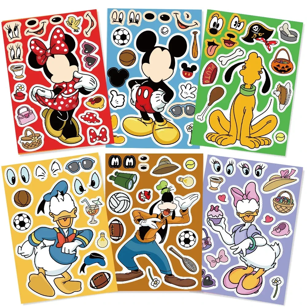 8/16Sheets Disney Micke Puzzle Stickers  Children DIY Make-a-Face Funny Assemble Jigsaw Cartoon Sticker Kids Educational Toys