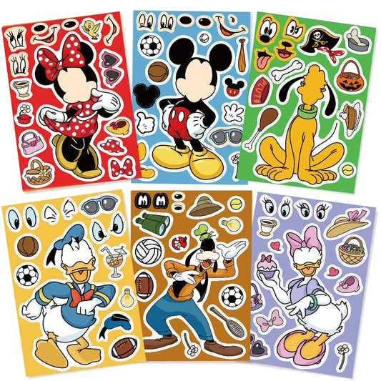 8/16Sheets Disney Micke Puzzle Stickers  Children DIY Make-a-Face Funny Assemble Jigsaw Cartoon Sticker Kids Educational Toys