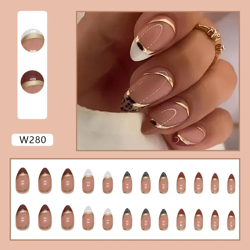 Gold Pink Wine Red 24 Pcs Fake Nail with Jelly sticker Press on False Nails Wearable Round Head Oval Full Cover Nail Tips