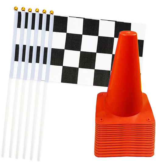 Traffic Cones and Racing Checkered Flags Black White Flags Kids Racing Theme Decorations for Race Car Birthday Party Supplies