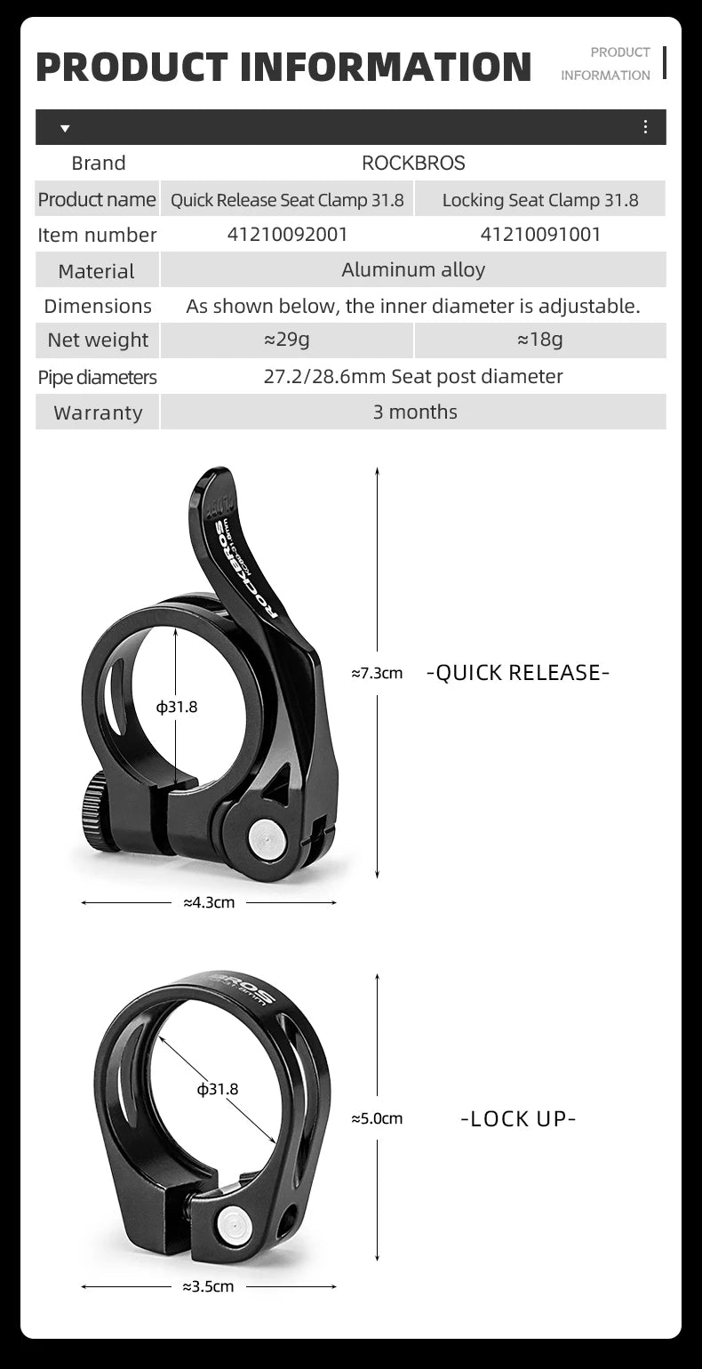 ROCKBROS Bicycle Seat Post Clamp Aluminum Alloy Installation Quick Release Cycling Seat Clamp Convenient Bike Parts Seatpost