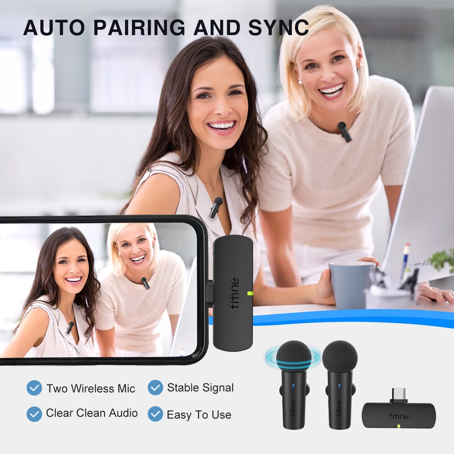 FIFINE Wireless Lavalier System with 2 Microphones for Android/Tablet,Type-C Mini Mic for Video,Interview,Vlog,Live Streaming-M8