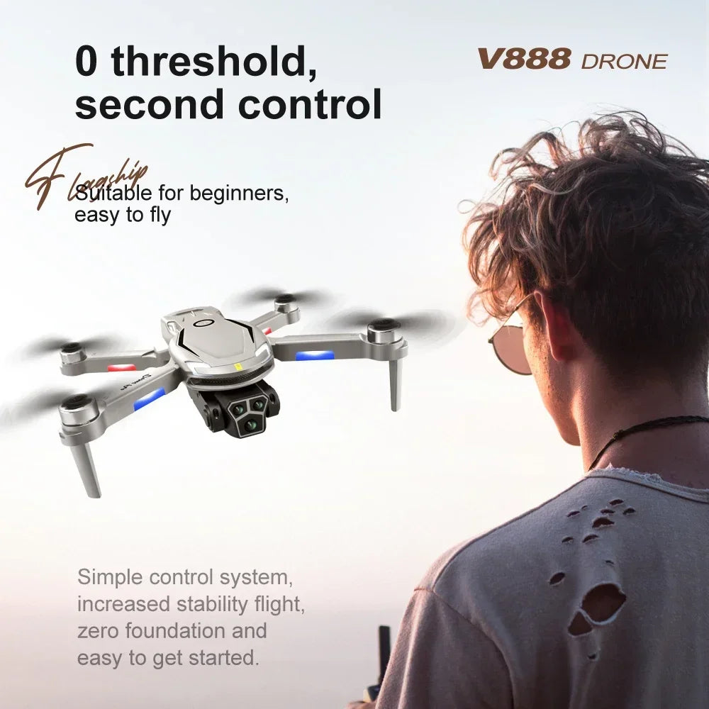 New V888 Brushless Drone 8K Professional HD Triple Camera Obstacle Avoidance No GPS Optical Flow Positioning RC Quadcopter Toys