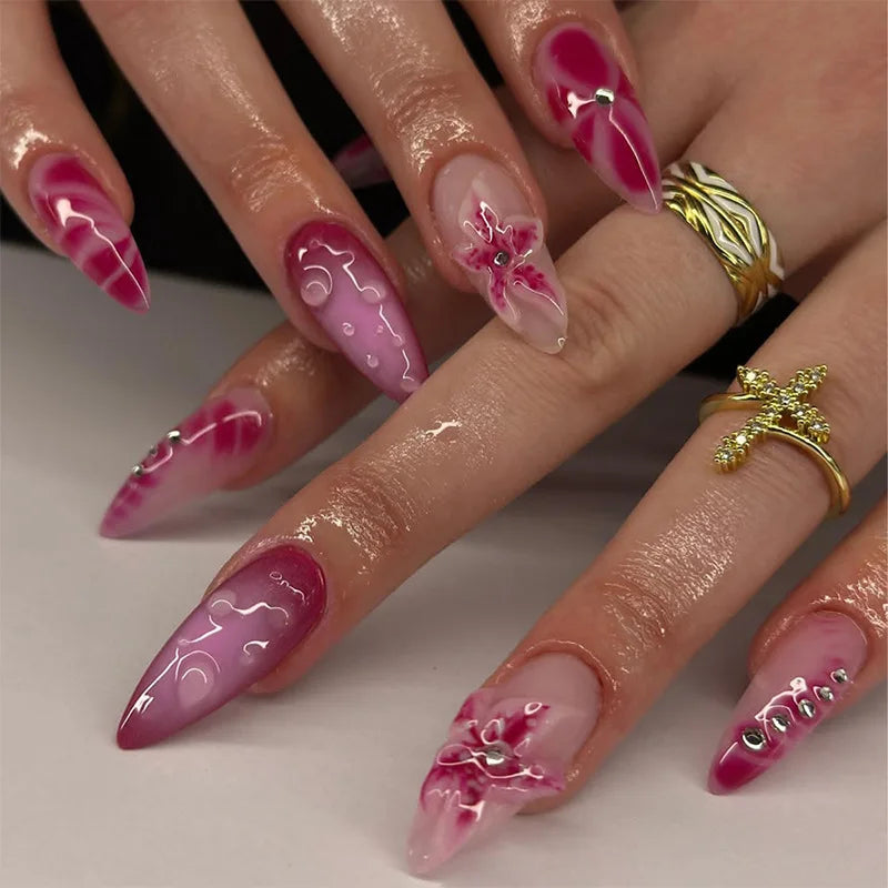 24PCS 3D Sweet Pink Flower Almond Press on False Nails with Yellow French Diamonds Fake Nails Artificial Wearable Tips with Glue