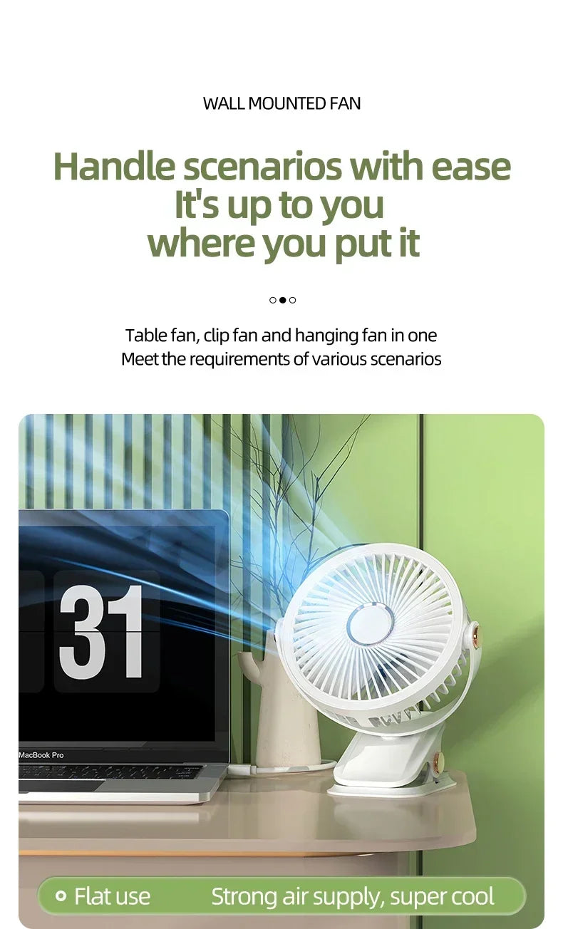 USB Rechargeable Table Fan Clip-on Type Portable Mini Desk Fan 360 Degree Rotation Adjustable Clip-on Fan For Student Dormitory
