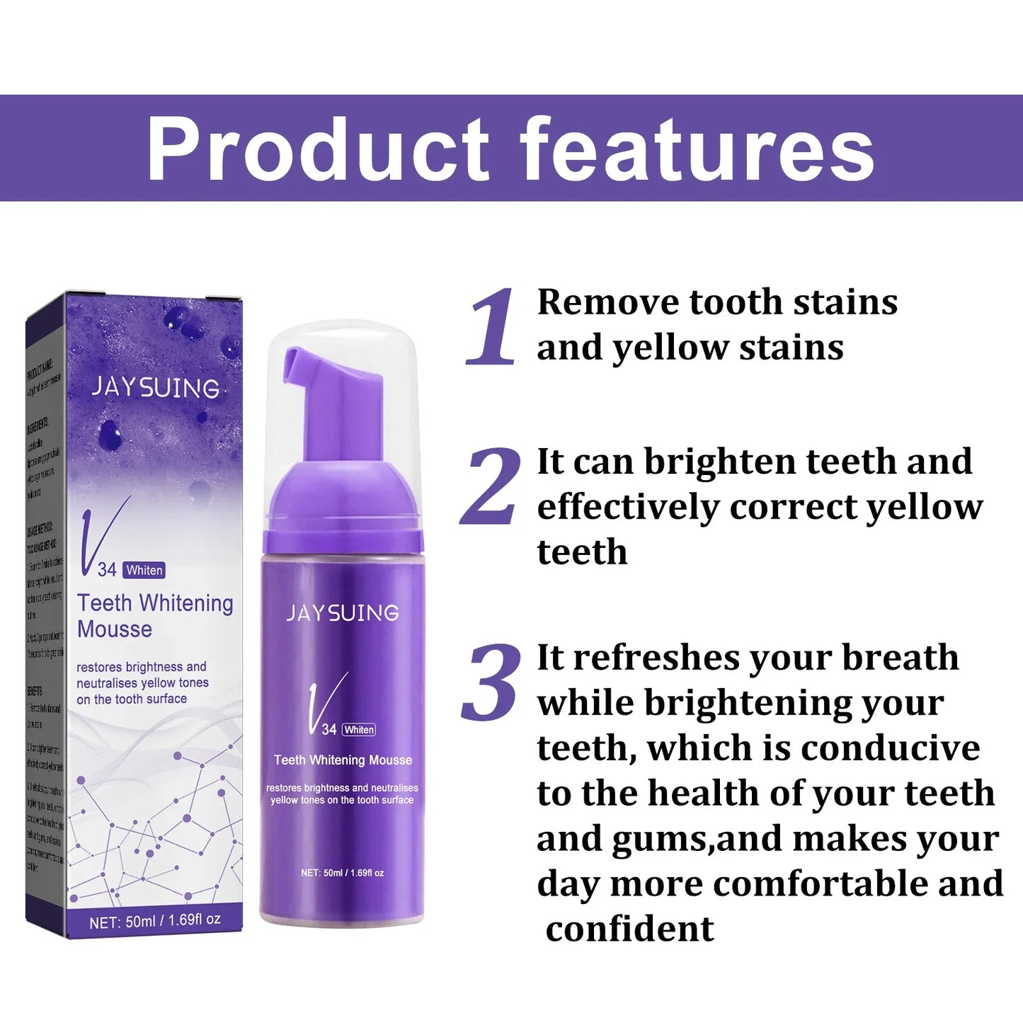 Teeth Whitening Mousse V34 Colour Dental Enamel Care Deep Cleansing Stains Melanin Removal Tooth Bleaching Foam Toothpaste 50ml