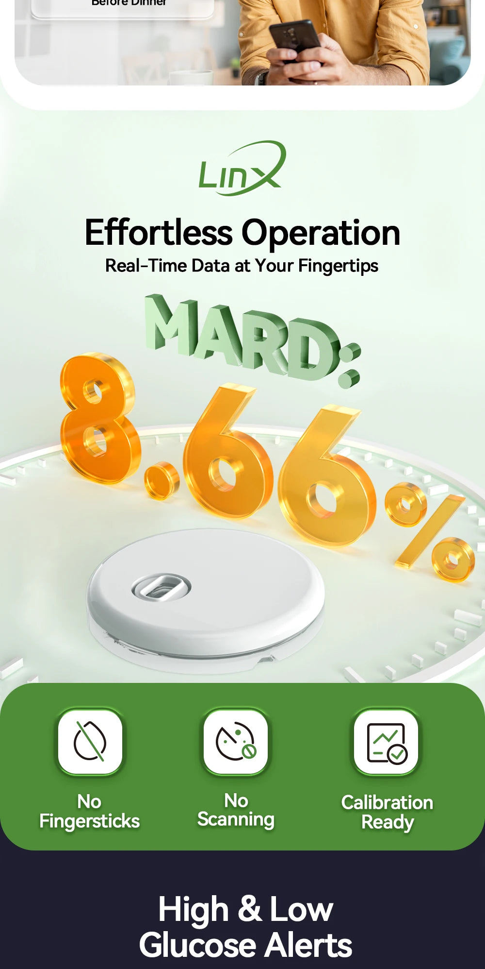 2PCS Microtech LinX Continuous Glucose Monitor System CGM 24H Real-Time Blood Sugar Tracking Sensor for Diabetes Management