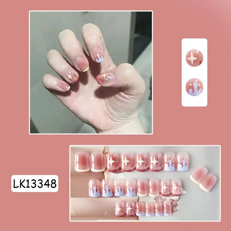 24Pcs/Set Yellow Lemon French Handmade Fake Nails Full Coverage Design Stick Wearing False Nails Artificial Press on Nail Tips