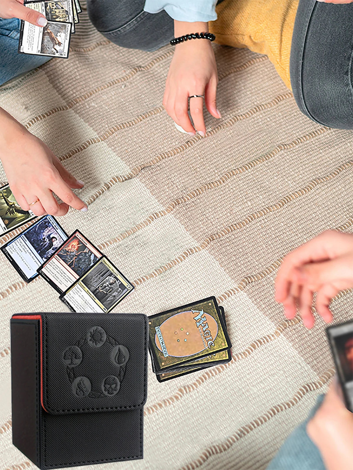 MTG Card Deck Box, Copyrighted Design，Fits 100+ Single Sleeved Cards, Magnetic Closure PU Leather Card Box for TCG Cards