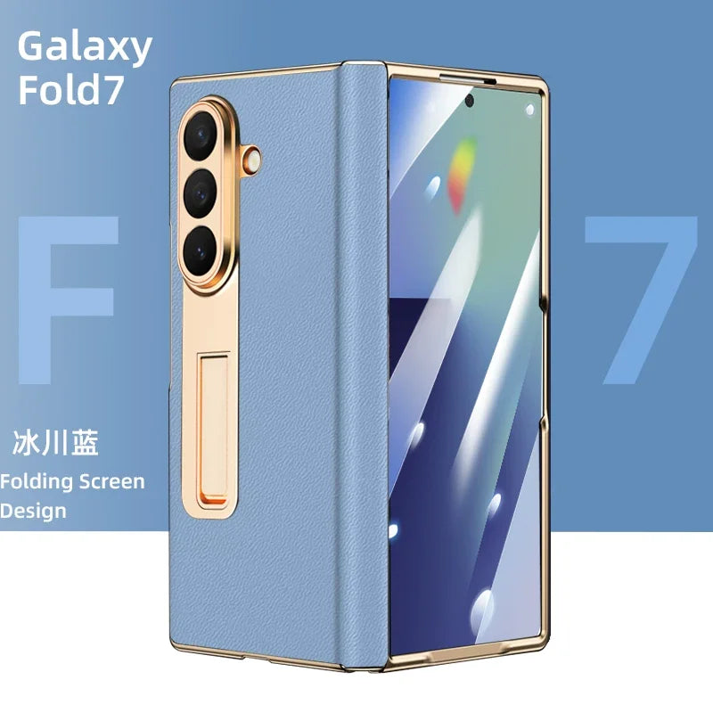 Luxury Leather Cover For Samsung Z Fold 7 6 5 Case Plating Stand Hinge Front Glass Screen