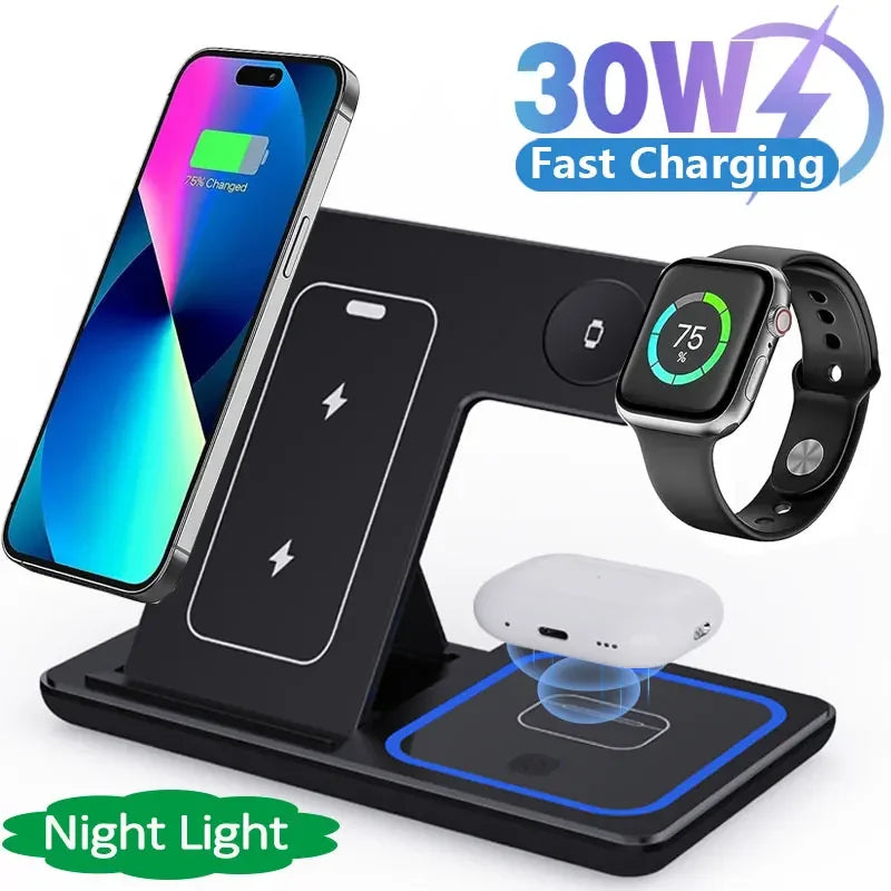 30W 3 in 1 LED Fast Wireless Charger Stand Foldable Charging Station For iPhone 15 14 13 12 11 Apple Watch 9 8 7 6 5 Airpods Pro