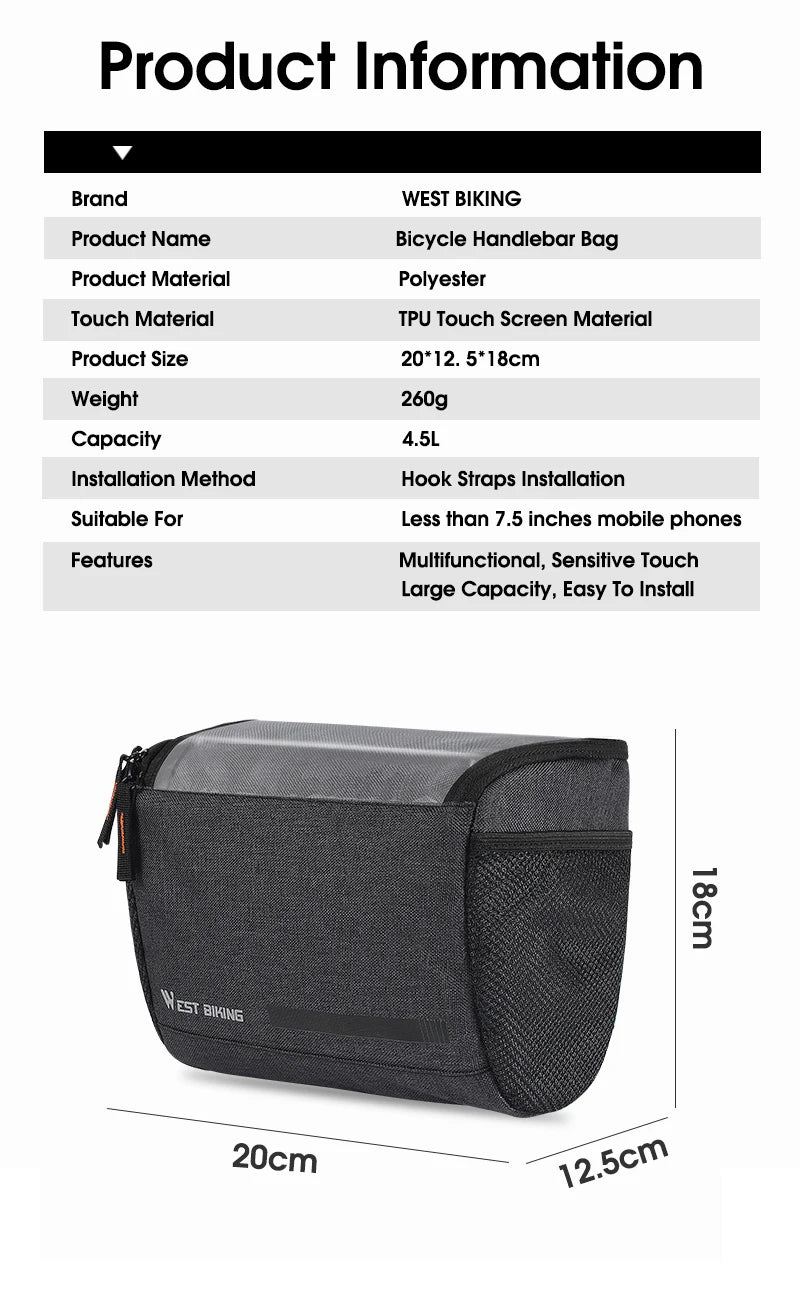 WEST BIKING 4.5L Bike Front Bag Touch Screen Phone Handlebar Bag Insulated Bicycle Cooler Bag MTB Road Cycling Accessories