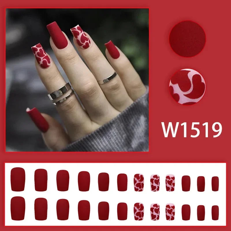 Black Ink Style Fake Nail with Jelly sticker Press on False Nails Wearable Round Head Oval Full Cover Nail Tips