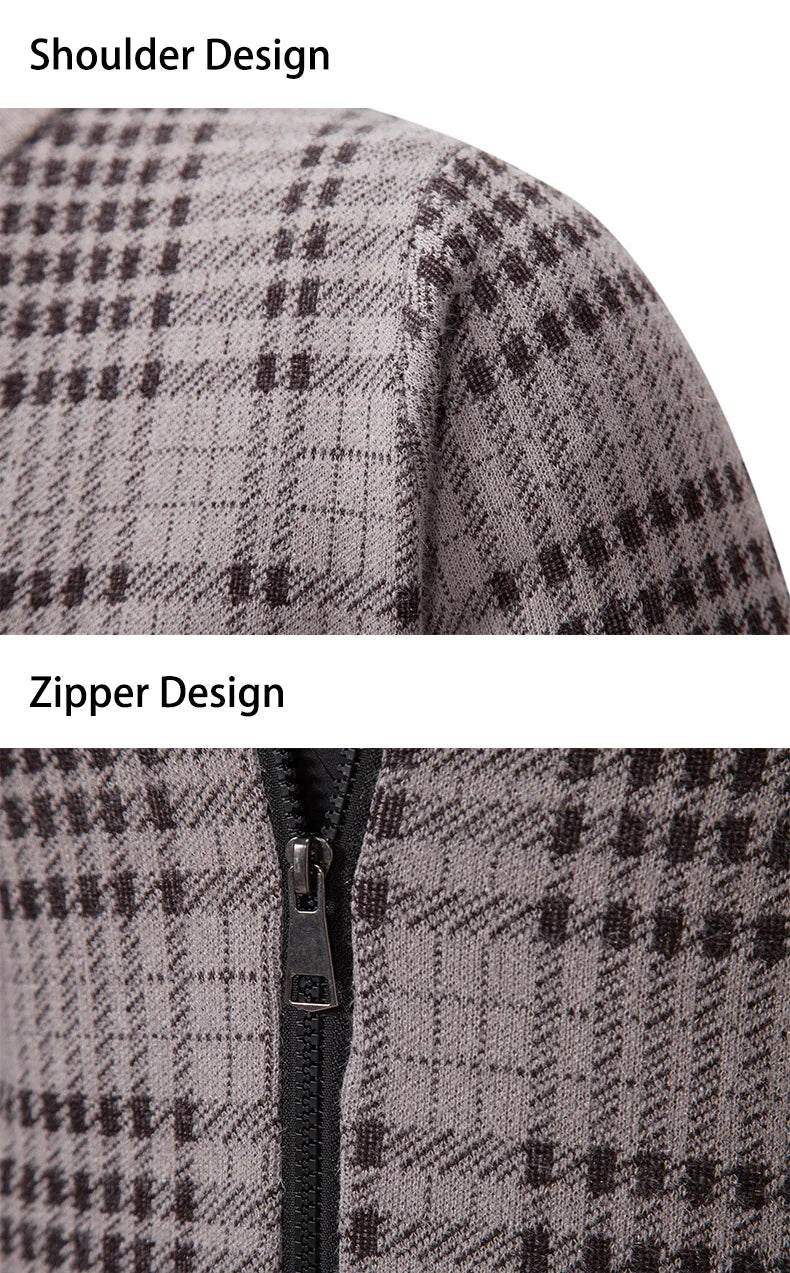 Mens Sweaters Jacket Full Zip Fleeced Sweater Cardigan Plaid Stand Collar Sweaters Coat Autumn Winter Homme Clothes