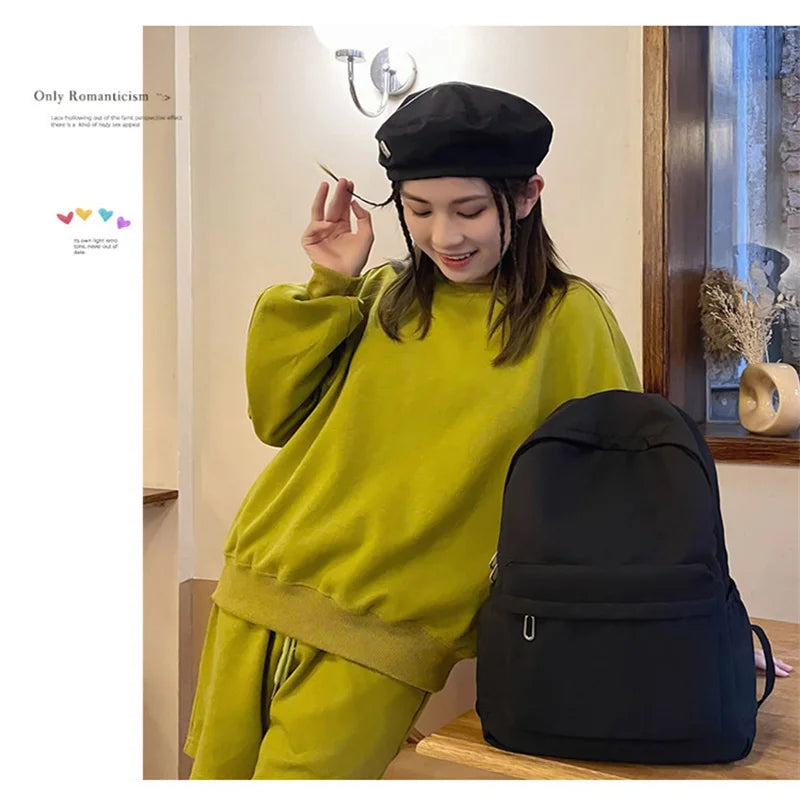 Simple Solid Color Backpack Women 2024 Waterproof Nylon School Bags For Teenager Girls Bookbag Lady Travel Backbag Shoulder Bag