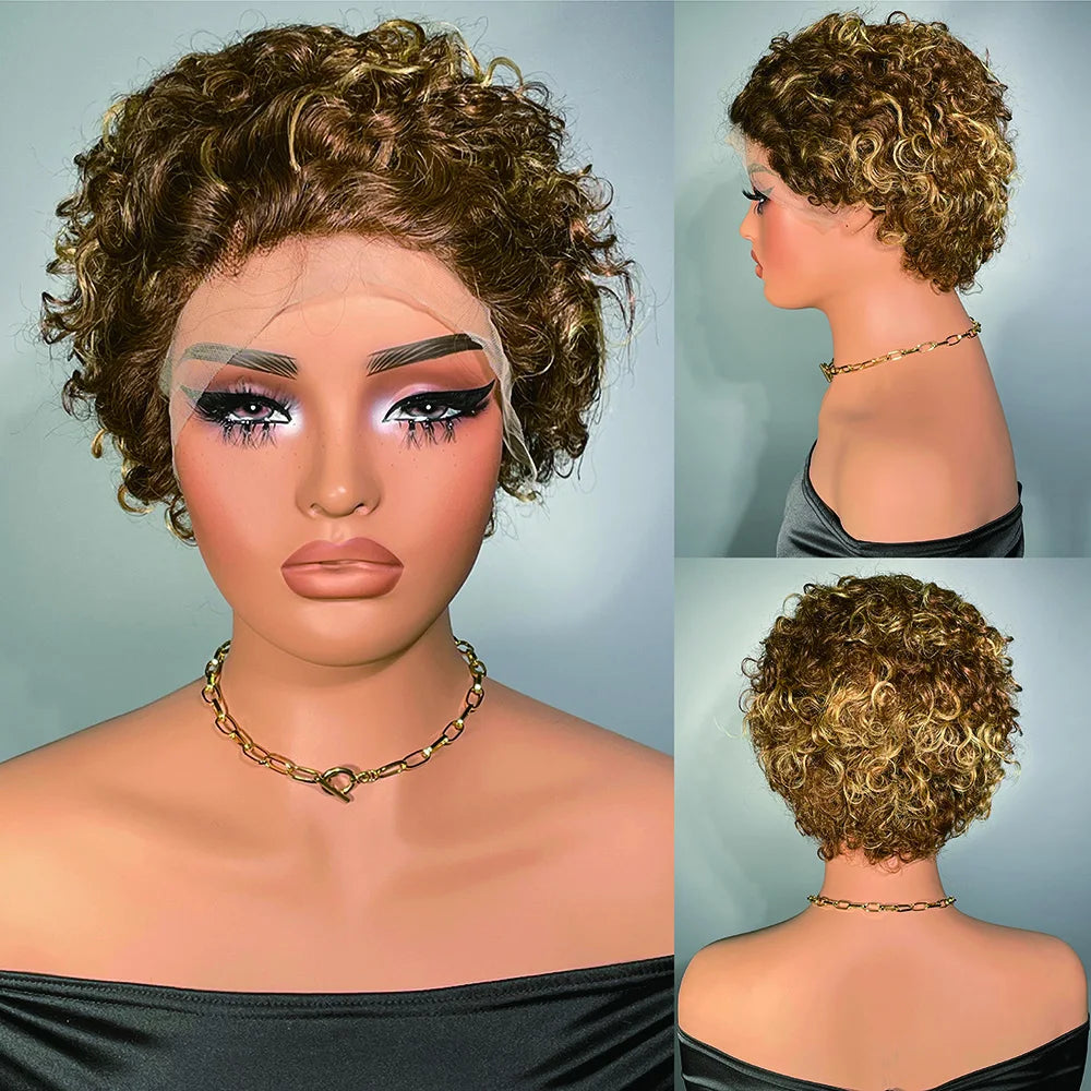 99J Wigs Human Hair Cheap Pixie Cut Wig 13X1 Transparent Lace Wig For Women Short Curly Human Hair Wig 180 Density