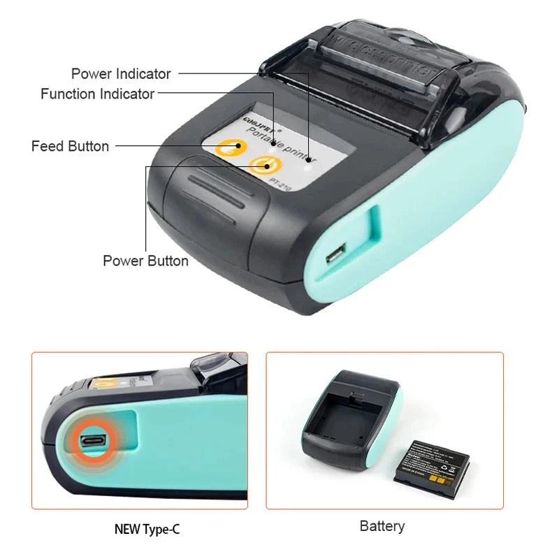 Mini Portable Thermal Receipt POS Printer 58mm Wireless Bluetooth Ticket Bill IOS Android PC Invoice Business Retail Ink-free