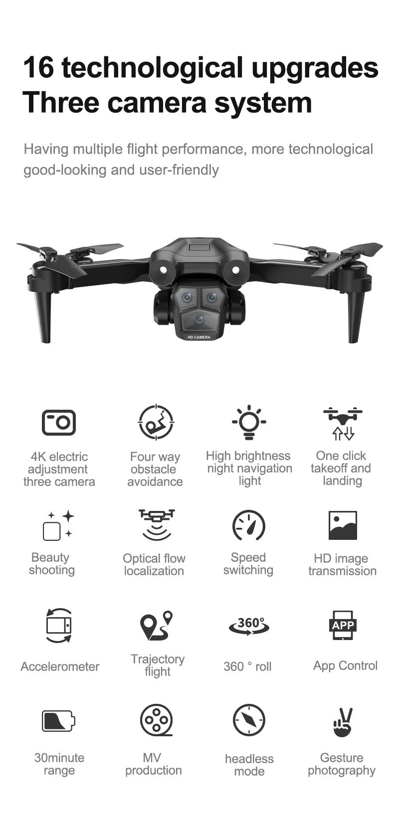 KBDFA New M4 RC Drone 4K Professinal With Wide Angle Triple HD Camera Foldable RC Helicopter WIFI FPV Height Hold Toy Drone
