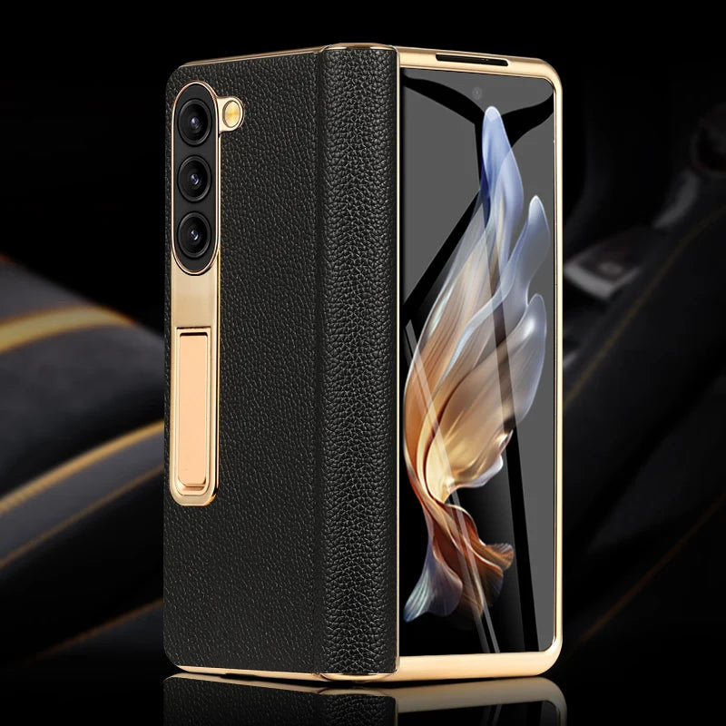 Leather Phone Case for Samsung Galaxy Z Fold 7 6 5 4 3 Fold6 Fold7 Gold Plating Magnetic Hinge Stand Back Cover with Mirror Film