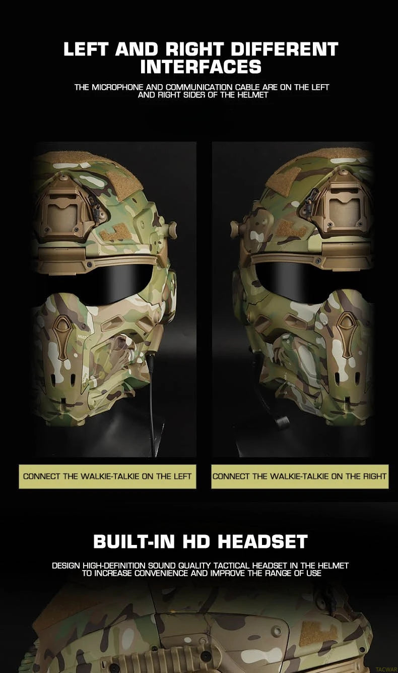 Assault I Airsoft Helmet Full Face, Tactical Helmet with HD Headset Anti-Fog Fan 2 Pairs Lens Flip Mask for Outdoor CS