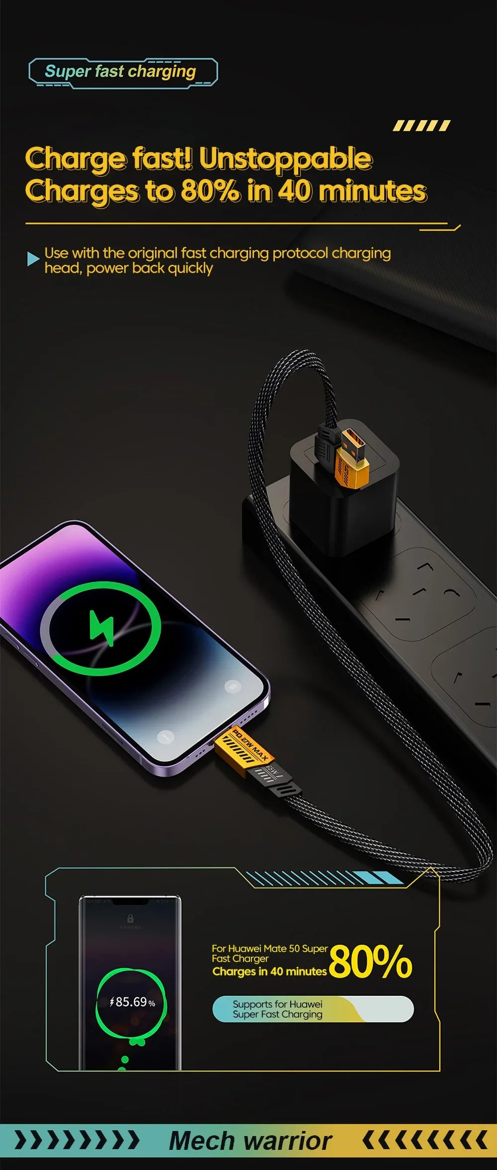 4 in 1 PD 65W 27W USB Cable Type C Dual Connector Lighting Mecha Style Fast Charging USB C Cable For iPhone 15 Samsung Xiaomi