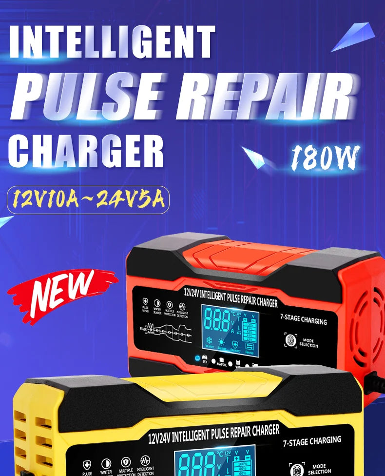 12V-24V Car Battery-Charger Full Automatic 12V 10A Digital Car Battery Charger Pulse Repair for AGM GEL WET Lead Acid