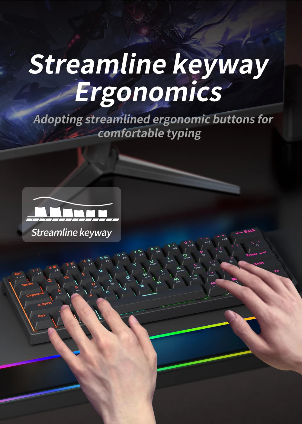 MUCAI MK61 USB Gaming Mechanical Keyboard 61 Keys Red Switch Wired Detachable Cable RGB Backlit Hot Swappable