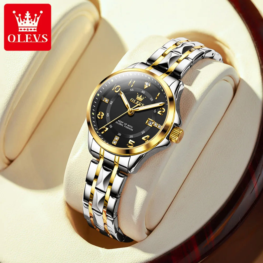 OLEVS 2910 Luxury Men Women Couple Watch Dual Calendar Display Waterproof Stainless Steel Clock Gold Diamond Couple Quartz Watch