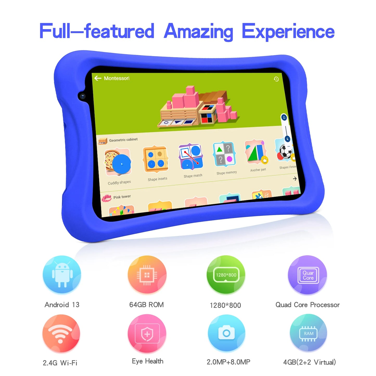 PRITOM 8 Inch Kids Tablet Android 13 Go Quad Core Processor 4GB(2+2Virtual) RAM 64GB ROM 8.0 MP Rear Camera with Protective Case