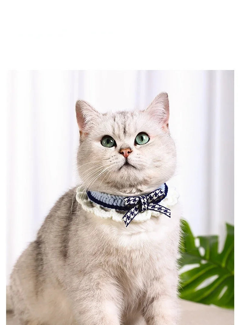 Cute Bow-knot Hand-knitted Saliva Towel  Kitten Cat Puppy  Adjustable Collar Pet Decorative Dog Cat Collar Pet dog Accessories