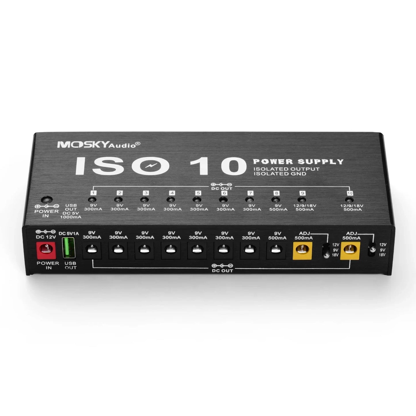 MOSKY ISO-10 Guitar Effect Pedal Power Supply 10 Isolated DC Outputs/ 5V USB Output for 9V 12V 18V Protection Guitar Accessories