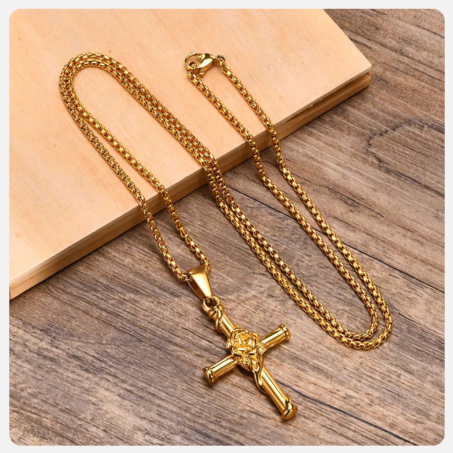 Vnox Men Cross Necklace, Stainless Steel Rose Cross Pendant with Box Chain, Unisex Cool Crucifix Jesus Faith Aesthetic Collar