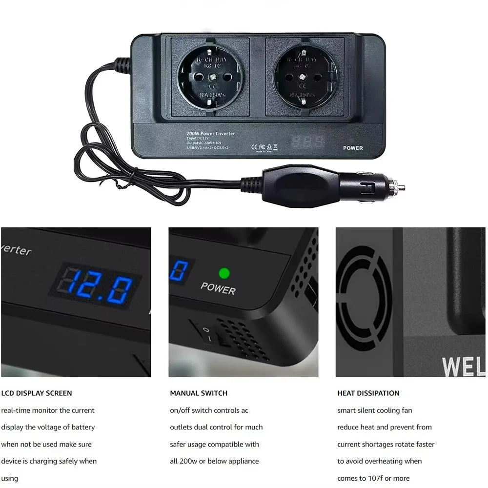 Car 200W Inverter DC To AC 12V to 220V 4 USB AC EU Socket Auto Mounted Inverter Accessories Cigarette Lighter 400W Peak Power