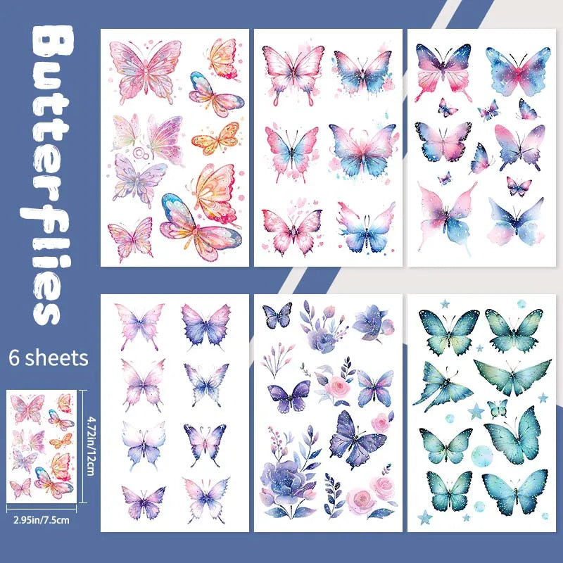 6pcs Glitter Gradient Dreamy Butterfly Waterproof Temporary Tattoo, Long-Lasting Waterproof, Realistic Fake Tattoo