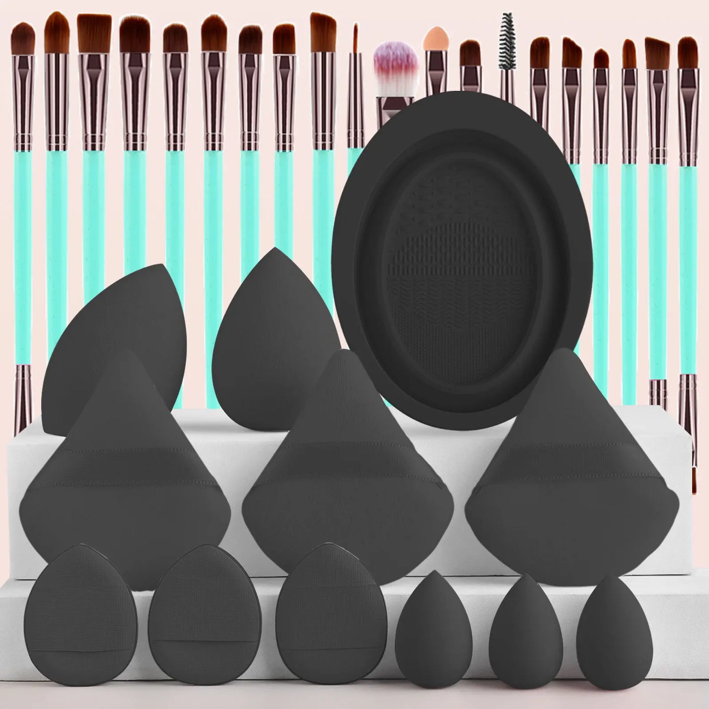 32pcs Makeup Beauty Tool Set &1pc Oval Washing Bowl & 5pcs  Beauty Egg & 3pcs Scalloped Powder Puff 3pcs Thumb Air Cushion