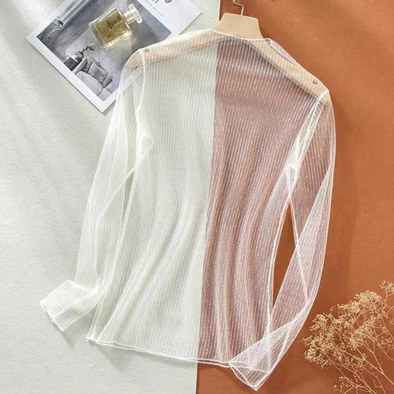 Sexy Women T Shirt See Through Mesh Blouses Long Sleeve Bottoming Shirts Turtleneck Spring Summer Sunscreen Tops Punk Club Tees