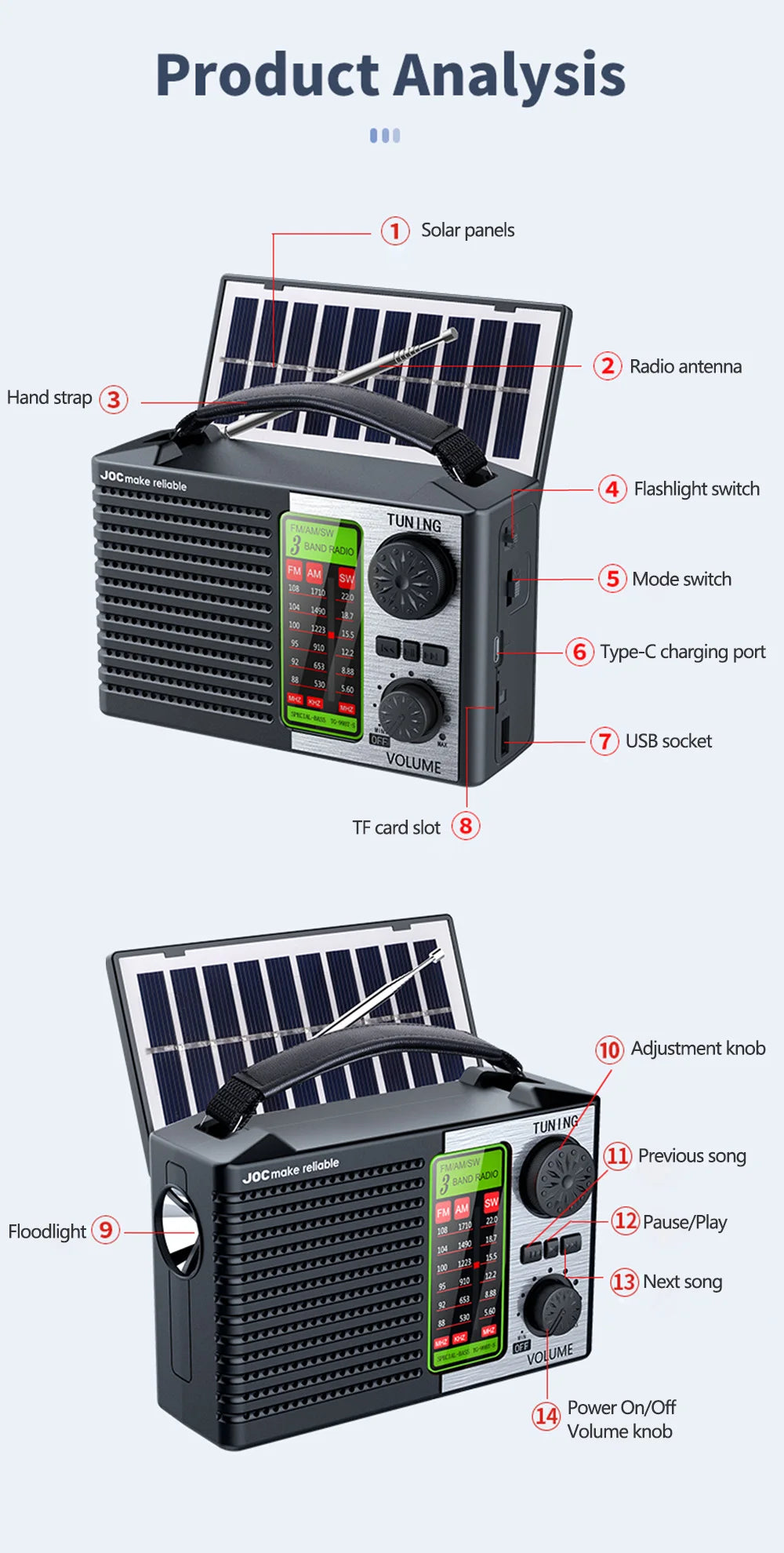 Portable FM AM SW Radio Rechargeable Outdoor Solar Full Band High Sensitivity Radio Receiver with LED Lighting Bluetooth Speaker