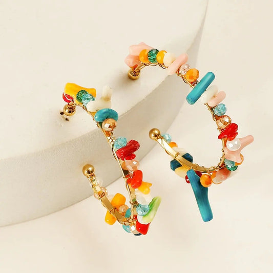 2 pieces of bohemian national wind beaded color crystal coral stone c-shaped lady fashion single holiday travel leisure earrings