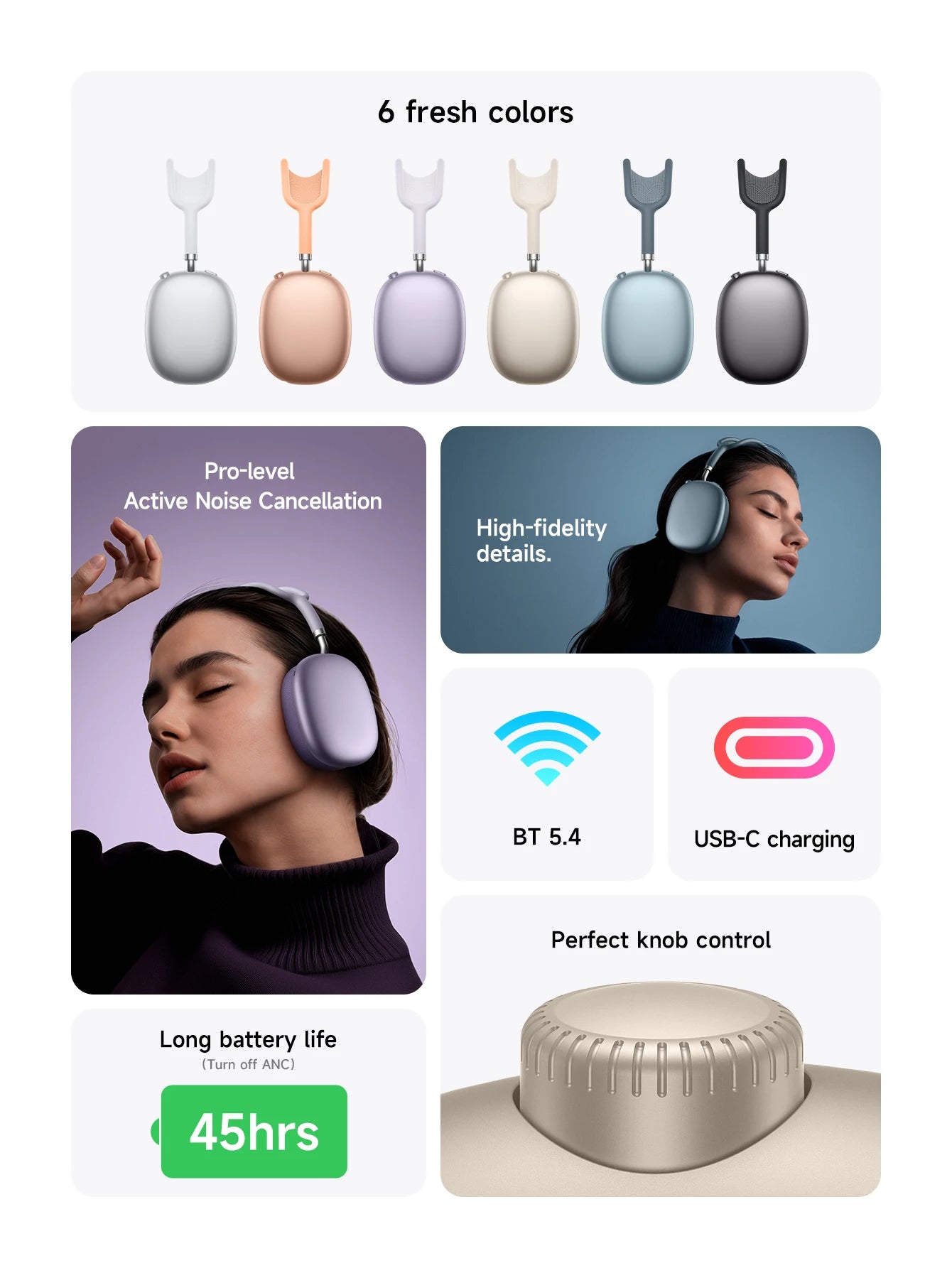 HOCO W65 Plus ANC Noise Reduction Bluetooth Headphones Over The Ear Wireless Big Earphone Hifi Sounds Sport Headsets With Button