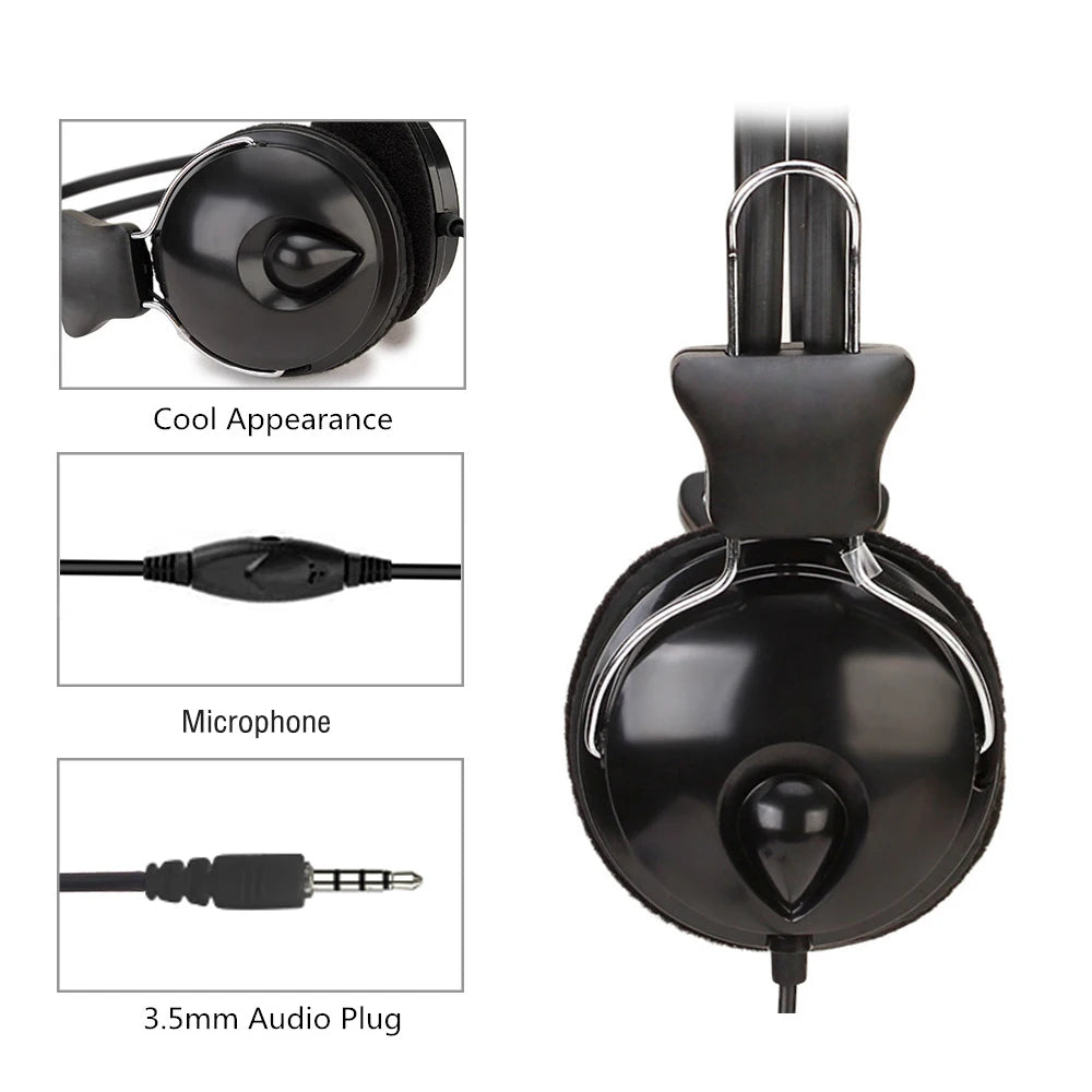 3.5mm Wired HD Sound Headphones Over Ear Headset Bass HiFi Music Stereo Microphone Earphones Adjustable Headset For PC MP3 Phone