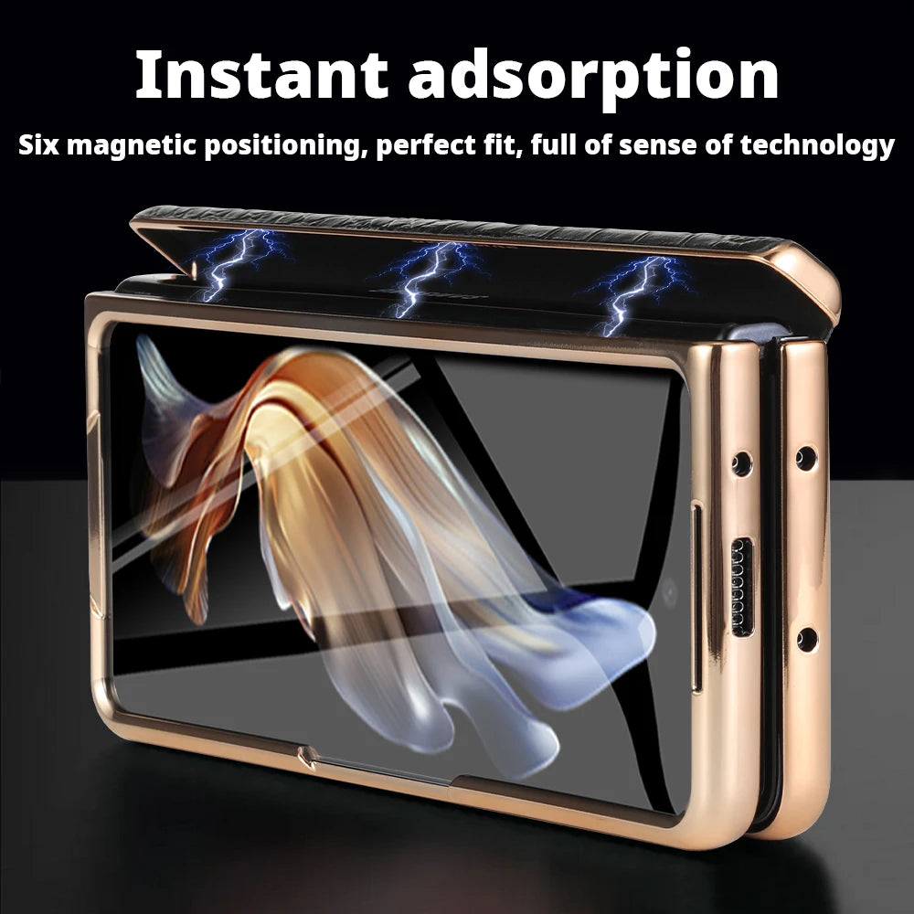Leather Phone Case for Samsung Galaxy Z Fold 7 6 5 4 3 Fold6 Fold7 Gold Plating Magnetic Hinge Stand Back Cover with Mirror Film