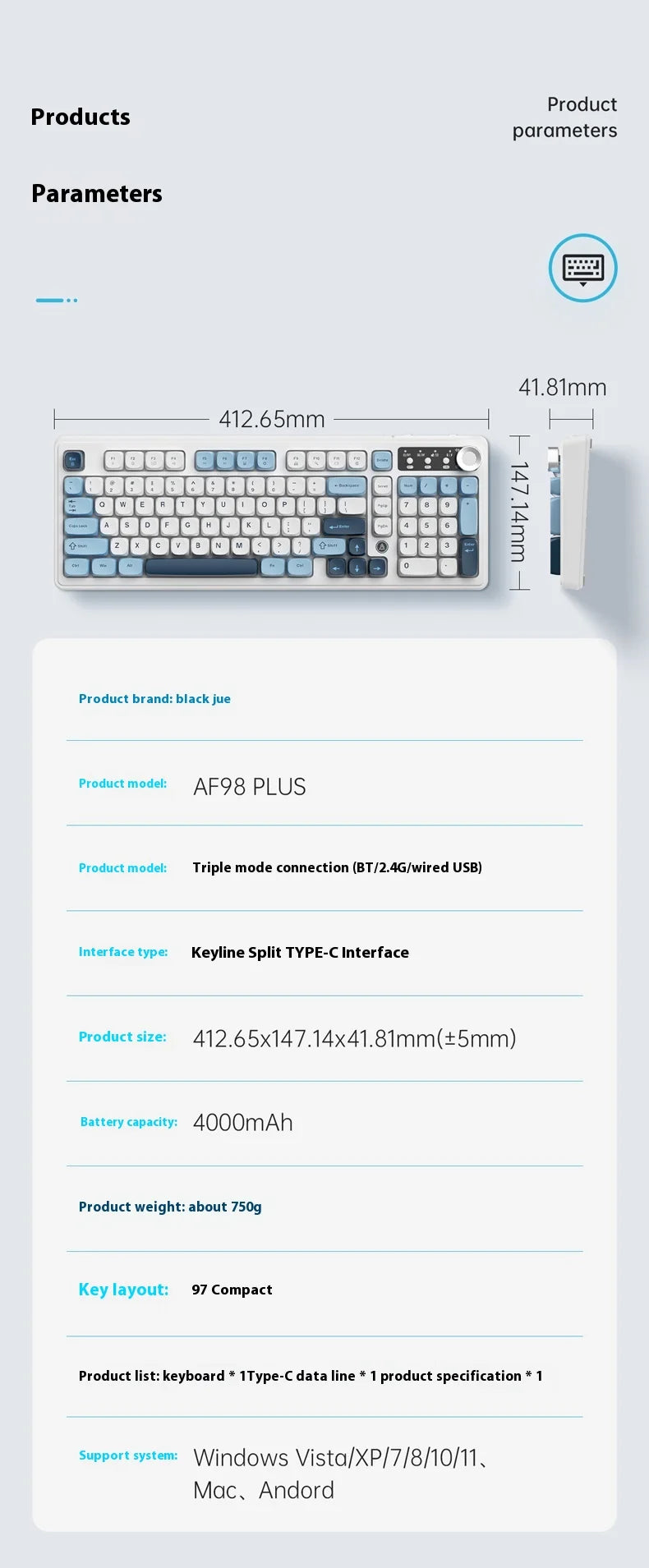 Ajazz Af98 Wireless Bluetooth Three-Mode Keyboard E-Sports Game Special Mechanical Touch Typing Office Computer Wired Keyboard
