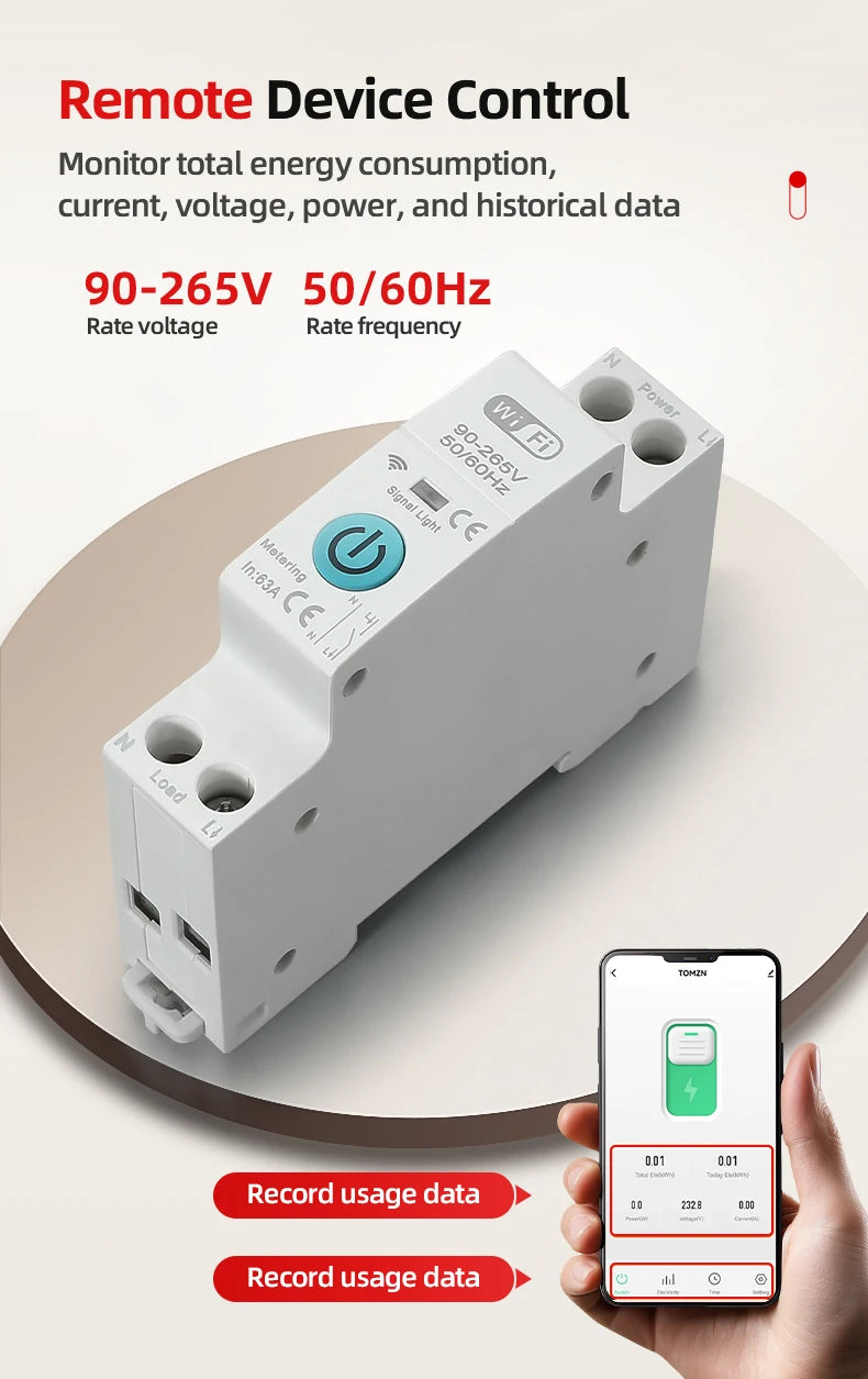 Tuya WiFi Smart Circuit Breaker MCB 1P+N 63A Timer Power Energy kWh Voltage Current Meter Protector Voice Remote Control Switch