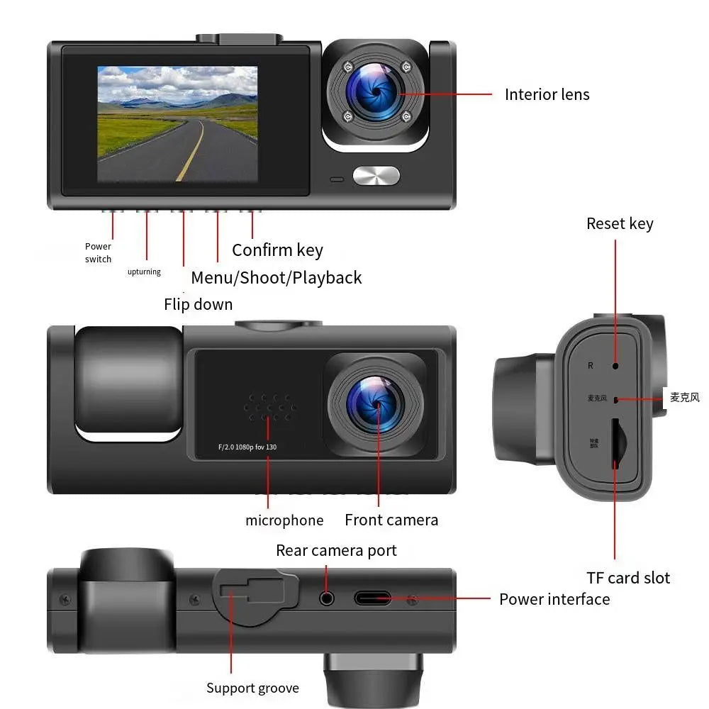 3 lens driving recorder, can shoot in front of the car, behind the car, inside the car, wide Angle camera, 1080p high-definition