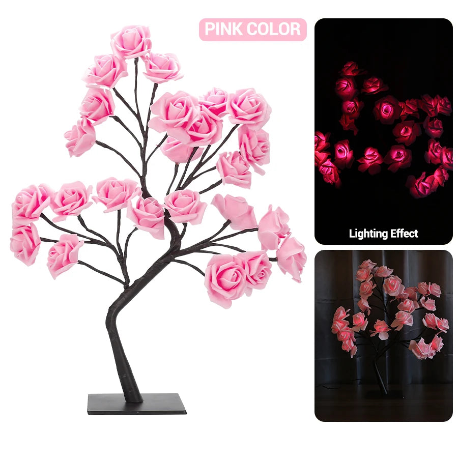 LED Rose Tree Desk Lamp USB Powered Artificial Flower Night Light Bedroom Living Room Party Wedding Valentine's Day Decoration