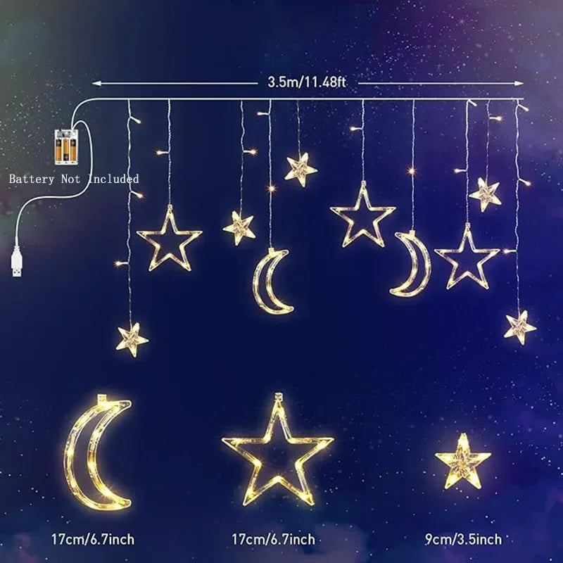 LED Fairy String Curtain Window Lights Twinkle Star Moon Lamp USB Home Wedding Festival Birthday Party Decor Romantic Decoration