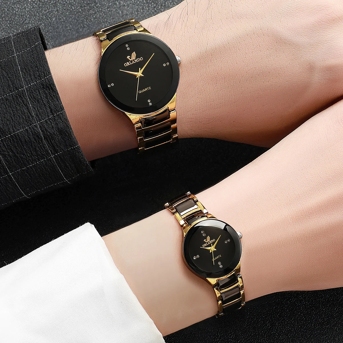 2PCS Couple's Watches Fashion Stainless Steel Band Men Women Analog Quartz Watches Set
