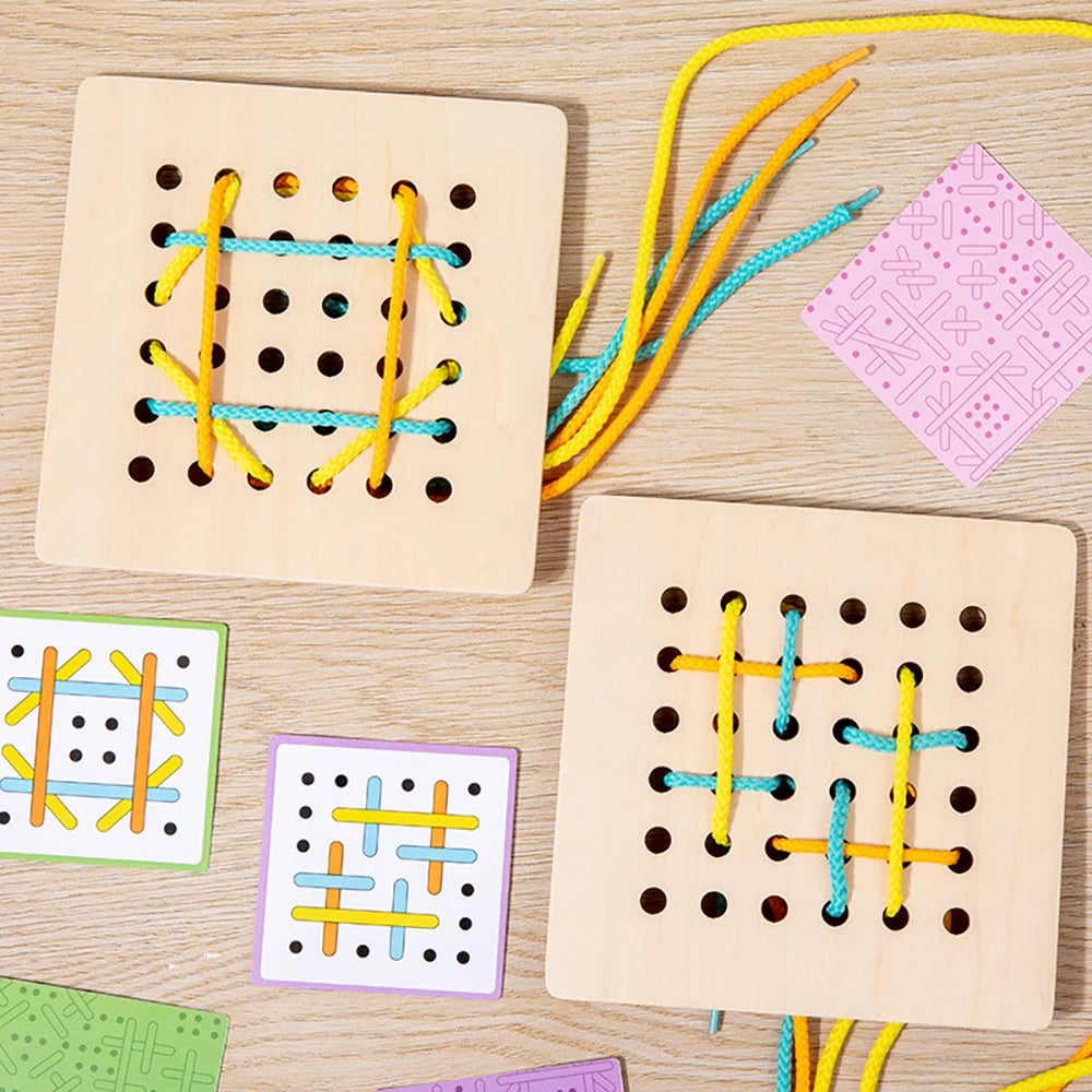 Montessori Wooden Rope Board Manipulative Material Array Block – Graphical Educational Toys With 20Pcs Cards And 6Pcs Rope