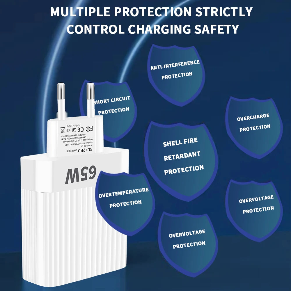 USB C Charger 5 Ports 65W Fast Charging Phone Charge Adapter For iPhone 15 14 13 12 Samsung Xiaomi EU/US Plug Quick Wall Charger